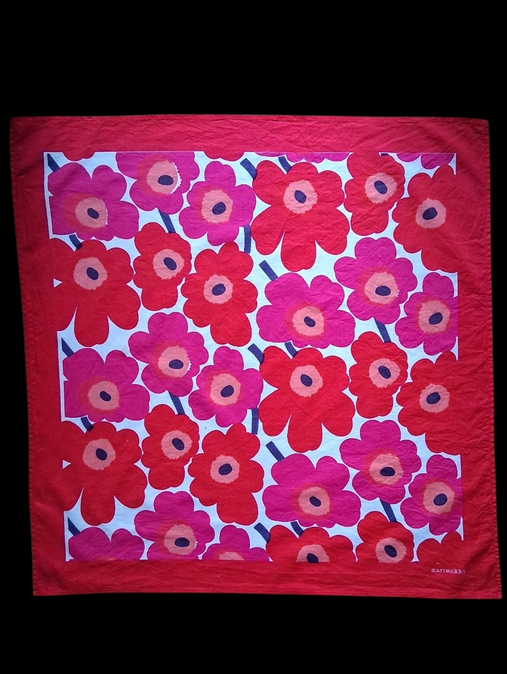 Marimekko "Unikko" Red and Pink Floral Cotton Bandana Scarf - Picture 2 of 6